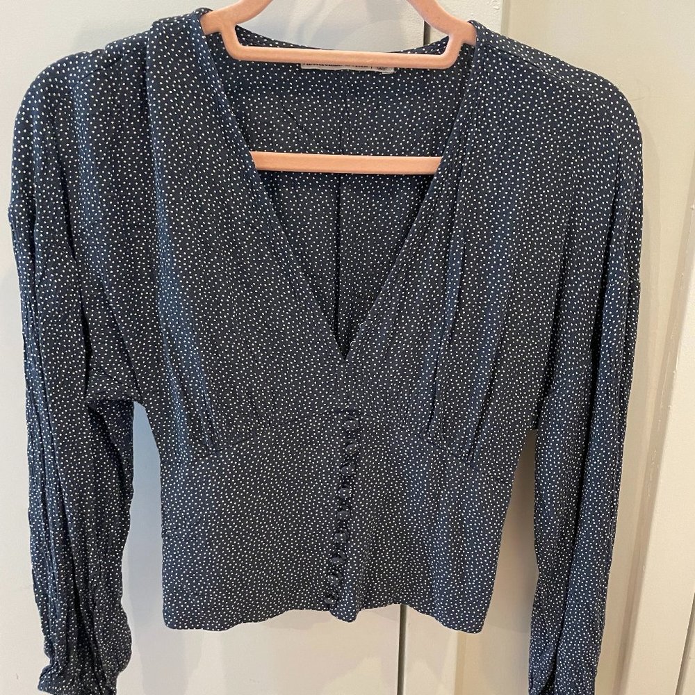 Abercrombie & Fitch Navy Polka Dot Button-Up Waisted Blouse | Size XS